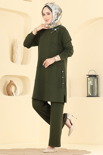 moda selvim Çiçek Detaylı 2 li Takım 2801AYD574 Haki - Thumbnail