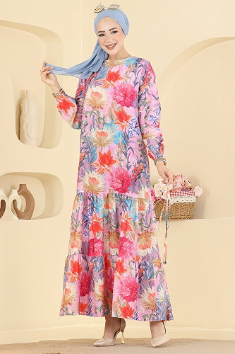 moda selvim Çiçek Detaylı Bağcıklı Elbise 6157ORG1169 Fuşya - Thumbnail