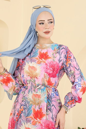 moda selvim Çiçek Detaylı Bağcıklı Elbise 6157ORG1169 Fuşya - Thumbnail