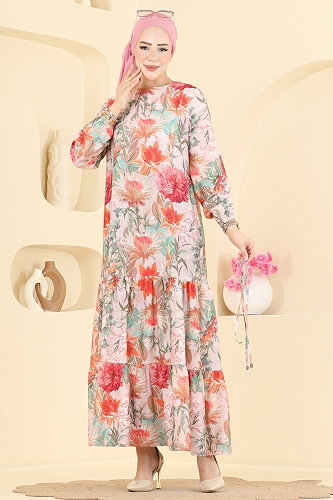 moda selvim Çiçek Detaylı Bağcıklı Elbise 6157ORG1169 Oranj - Thumbnail