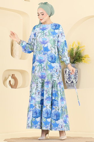 moda selvim Çiçek Detaylı Bağcıklı Elbise 6157ORG1169 Saks - Thumbnail