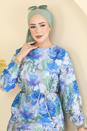 moda selvim Çiçek Detaylı Bağcıklı Elbise 6157ORG1169 Saks - Thumbnail