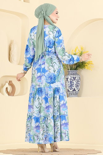 moda selvim Çiçek Detaylı Bağcıklı Elbise 6157ORG1169 Saks - Thumbnail