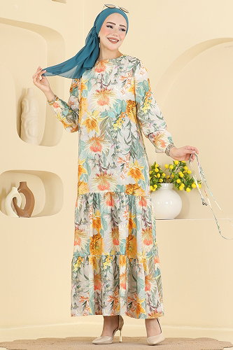 moda selvim Çiçek Detaylı Bağcıklı Elbise 6157ORG1169 Sarı - Thumbnail