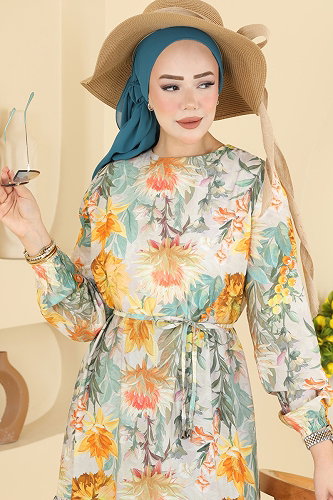 moda selvim Çiçek Detaylı Bağcıklı Elbise 6157ORG1169 Sarı - Thumbnail