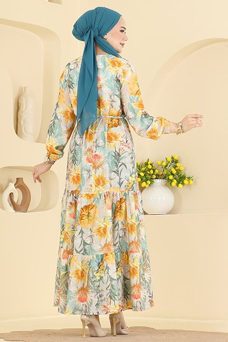 moda selvim Çiçek Detaylı Bağcıklı Elbise 6157ORG1169 Sarı - Thumbnail