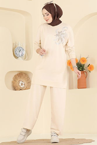 moda selvim Çiçek Detaylı İki İplik Takım 212OZN1046 Bej - Thumbnail