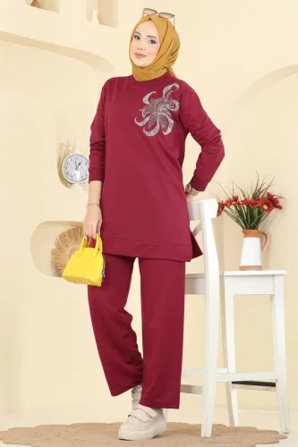 O.Z.N. - Çiçek Detaylı İki İplik Takım 212OZN1046 Bordo