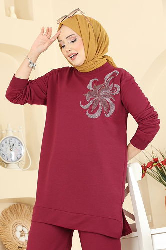 moda selvim Çiçek Detaylı İki İplik Takım 212OZN1046 Bordo - Thumbnail