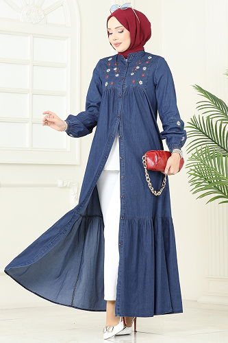 moda selvim Çiçek Detaylı Kot Elbise 108ZNE1011 Koyu Kot - Thumbnail