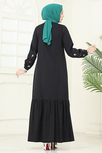 moda selvim Çiçek Detaylı Kot Elbise 108ZNE1011 Siyah Kot - Thumbnail