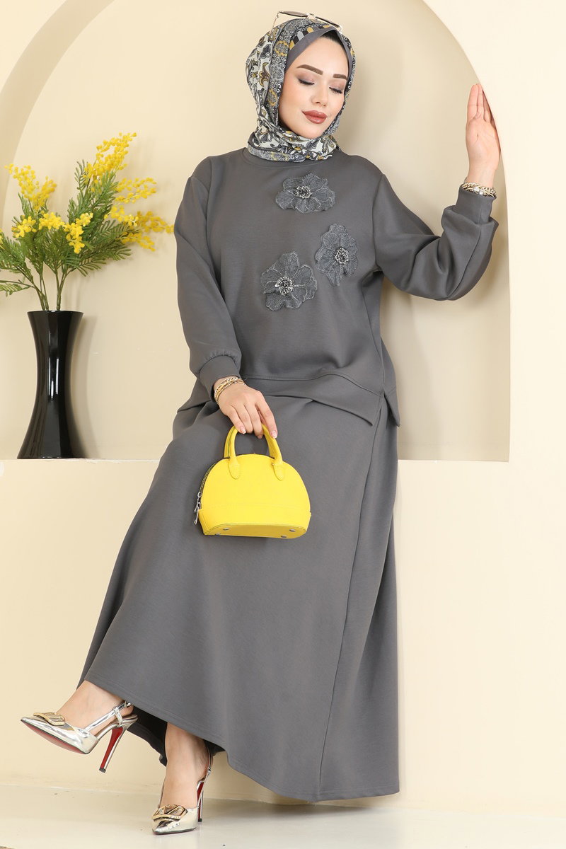 Çiçek Detaylı Modal Takım 2604TPK1167 Antrasit - Moda Selvim