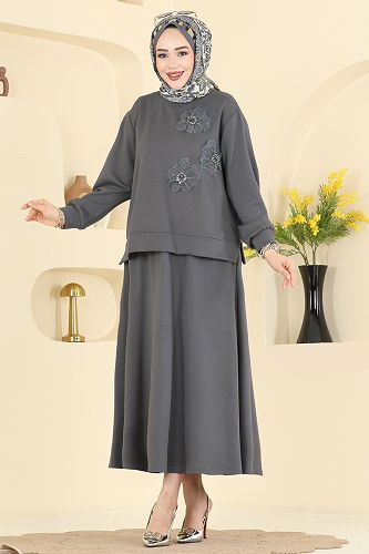 moda selvim Çiçek Detaylı Modal Takım 2604TPK1167 Antrasit - Thumbnail