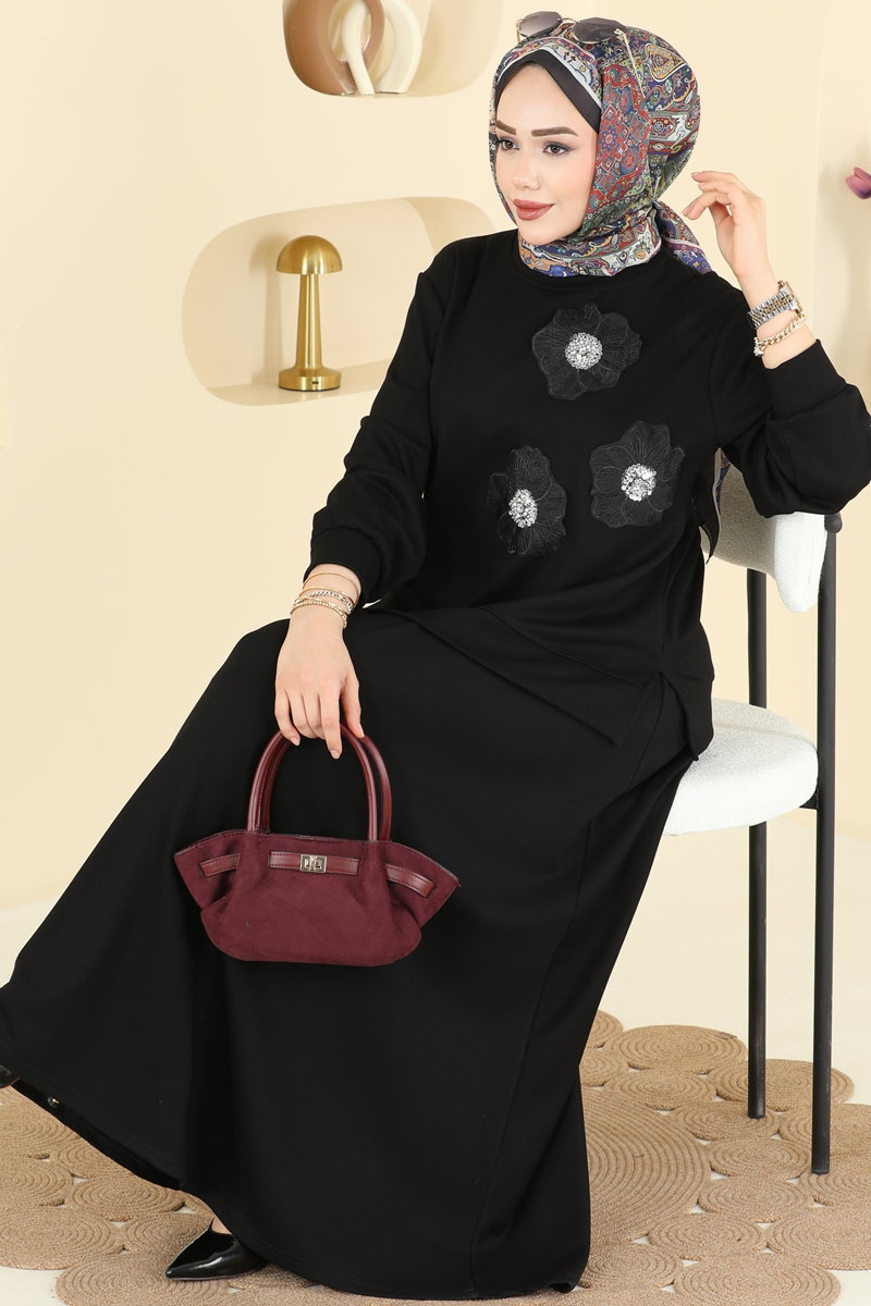 Çiçek Detaylı Modal Takım 2604TPK1167 Siyah