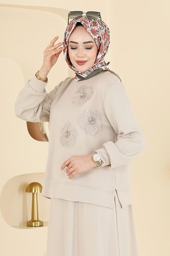 moda selvim Çiçek Detaylı Modal Takım 2604TPK1167 Taş - Thumbnail