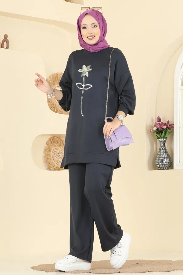 Modaselvim Kombin Çiçek Detaylı Modal Takım 2730AYD574 Antrasit