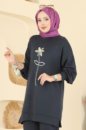 moda selvim Çiçek Detaylı Modal Takım 2730AYD574 Antrasit - Thumbnail