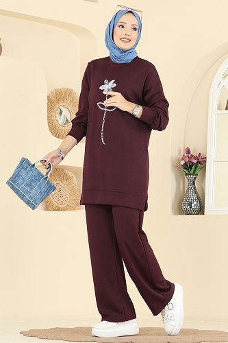 moda selvim Çiçek Detaylı Modal Takım 2730AYD574 Bordo - Thumbnail
