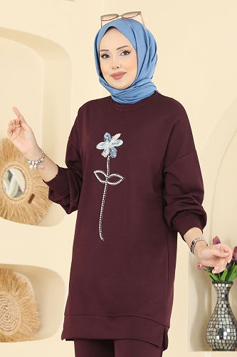 moda selvim Çiçek Detaylı Modal Takım 2730AYD574 Bordo - Thumbnail