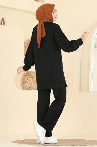 moda selvim Çiçek Detaylı Modal Takım 2730AYD574 Siyah - Thumbnail