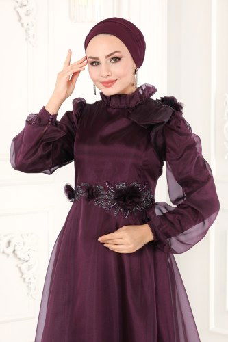 moda selvim Çiçek Detaylı Organze Abiye 6473YG95 Mürdüm - Thumbnail