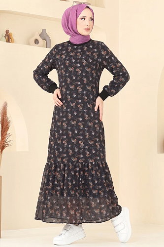 moda selvim Çiçek Detaylı Şifon Elbise 101NZRK1200 Siyah - Thumbnail
