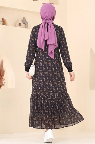 moda selvim Çiçek Detaylı Şifon Elbise 101NZRK1200 Siyah - Thumbnail