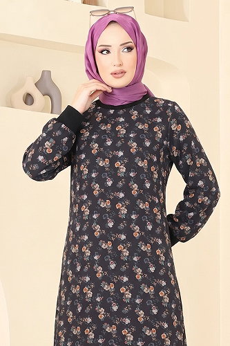 moda selvim Çiçek Detaylı Şifon Elbise 101NZRK1200 Siyah - Thumbnail
