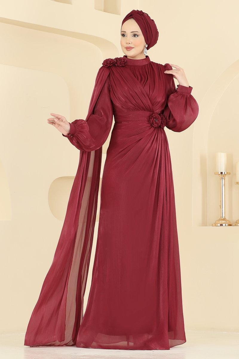 Çiçek Detaylı Şık Abiye 7149SAR739 Bordo
