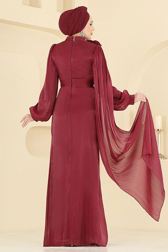 moda selvim Çiçek Detaylı Şık Abiye 7149SAR739 Bordo - Thumbnail