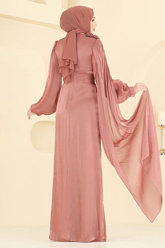 moda selvim Çiçek Detaylı Şık Abiye 7149SAR739 Koyu Gül Kurusu - Thumbnail