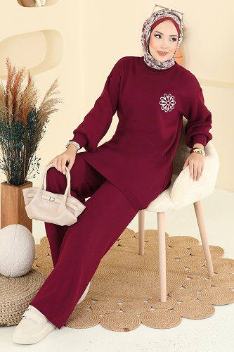 moda selvim Çiçek Detaylı Triko Takım 2724AYD574 Bordo - Thumbnail