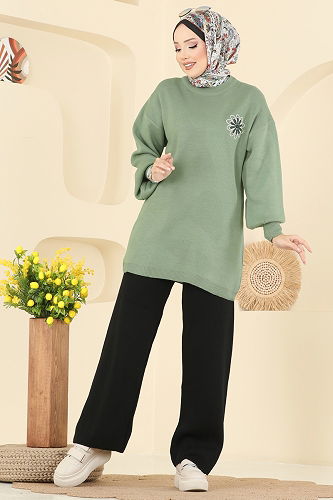 moda selvim Çiçek Detaylı Triko Takım 2724AYD574 Çağla&Siyah - Thumbnail