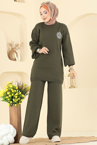 moda selvim Çiçek Detaylı Triko Takım 2724AYD574 Haki - Thumbnail