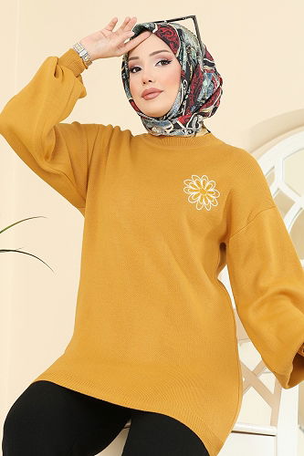 moda selvim Çiçek Detaylı Triko Takım 2724AYD574 Hardal&Siyah - Thumbnail