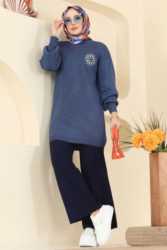 A.Y.D. - Çiçek Detaylı Triko Takım 2724AYD574 İndigo&Laci