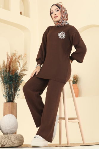 A.Y.D. - Çiçek Detaylı Triko Takım 2724AYD574 Kahve