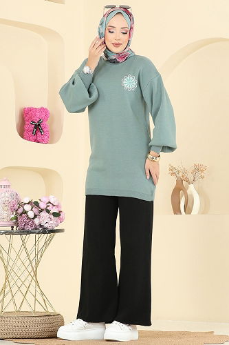 moda selvim Çiçek Detaylı Triko Takım 2724AYD574 Mint&Siyah - Thumbnail