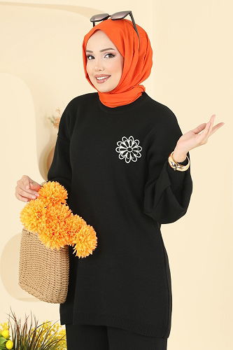 moda selvim Çiçek Detaylı Triko Takım 2724AYD574 Siyah - Thumbnail
