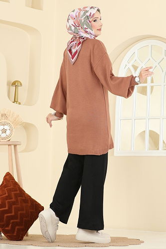 moda selvim Çiçek Detaylı Triko Takım 2724AYD574 Soğan Kabuğu - Thumbnail