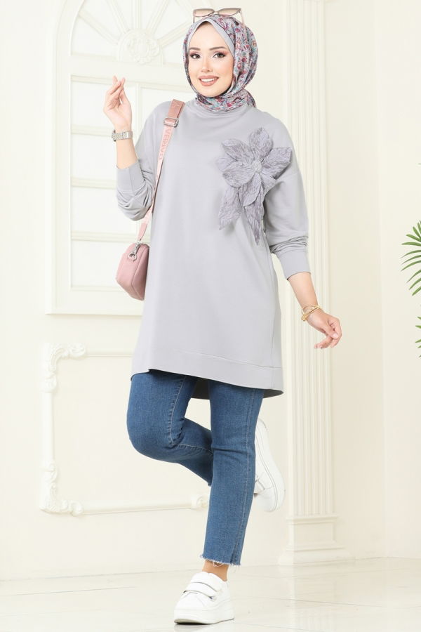 Modaselvim Tunik Çiçek Detaylı Tunik 2702AYD574 Gri