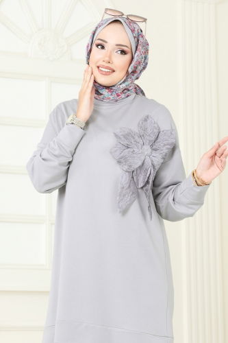 moda selvim Çiçek Detaylı Tunik 2702AYD574 Gri - Thumbnail