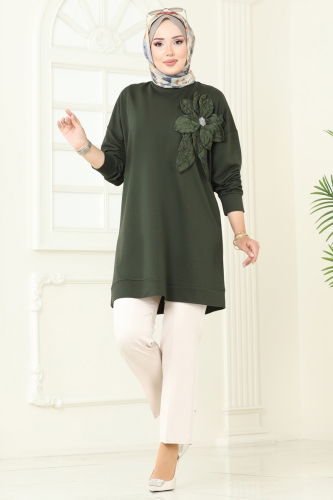moda selvim Çiçek Detaylı Tunik 2702AYD574 Haki - Thumbnail
