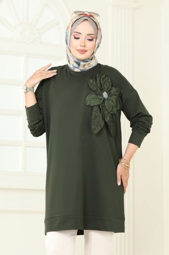 moda selvim Çiçek Detaylı Tunik 2702AYD574 Haki - Thumbnail
