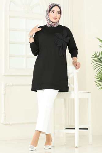 moda selvim Çiçek Detaylı Tunik 2702AYD574 Siyah - Thumbnail