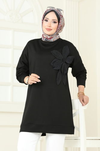 moda selvim Çiçek Detaylı Tunik 2702AYD574 Siyah - Thumbnail