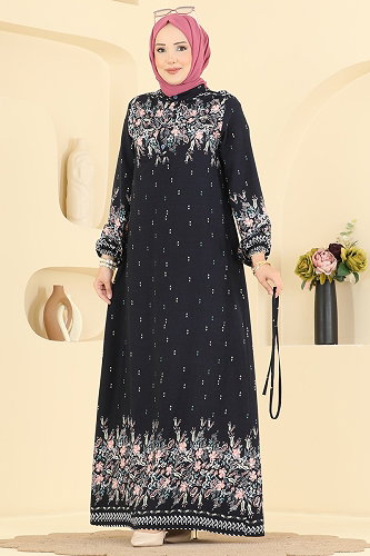 moda selvim Çiçek Detaylı Viskon Elbise 147NZRK1200 Laci - Thumbnail