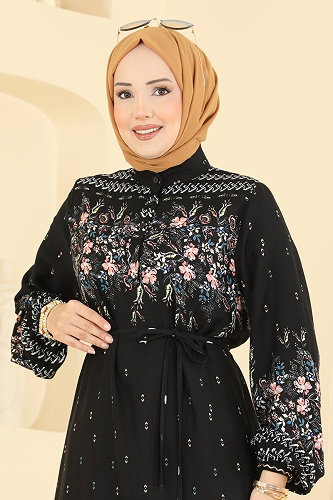 moda selvim Çiçek Detaylı Viskon Elbise 147NZRK1200 Siyah - Thumbnail