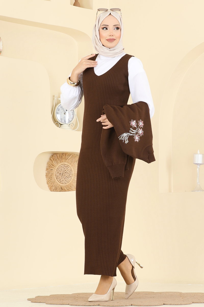 Çiçek İşlemeli Elbiseli Takım 1433MT581 Kahve
