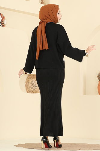 moda selvim Çiçek İşlemeli Elbiseli Takım 1433MT581 Siyah - Thumbnail